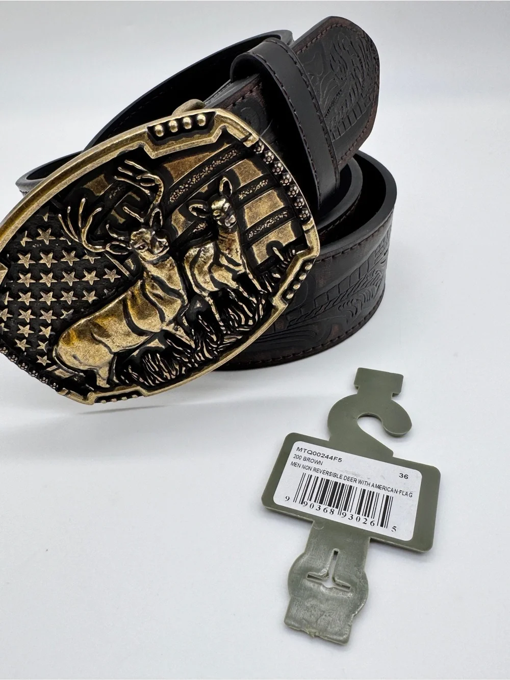Matix Western Leather Belt 36 NWT Tooled Tooled Floral Deer American Flag Buckle